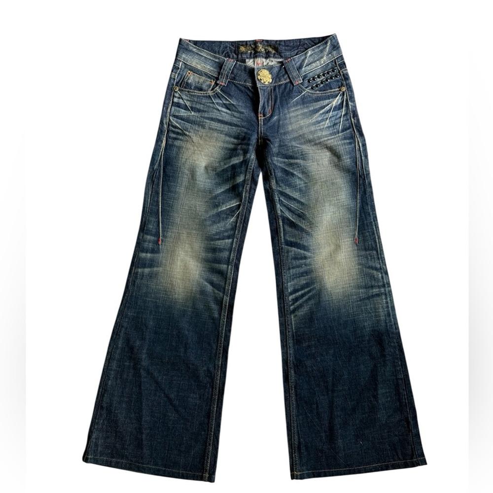 Y2K Red Pepper Japan Wide Leg Low Rise Dark Wash Embellished Jeans | Size 28